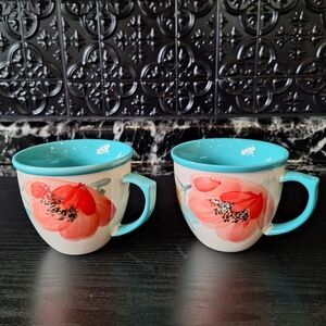 Pioneer Woman Vintage Bloom Pattern Mugs , Pair Of Floral Teal Coffee Tea Mugs